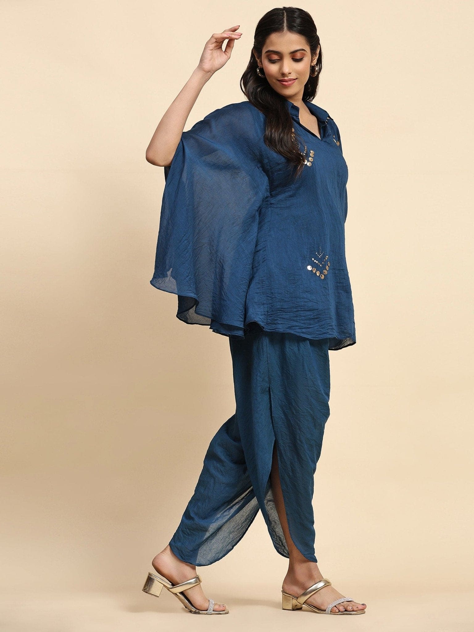 Women Flow Top With Tulip pant - Blue - Charkha TalesWomen Flow Top With Tulip pant - Blue