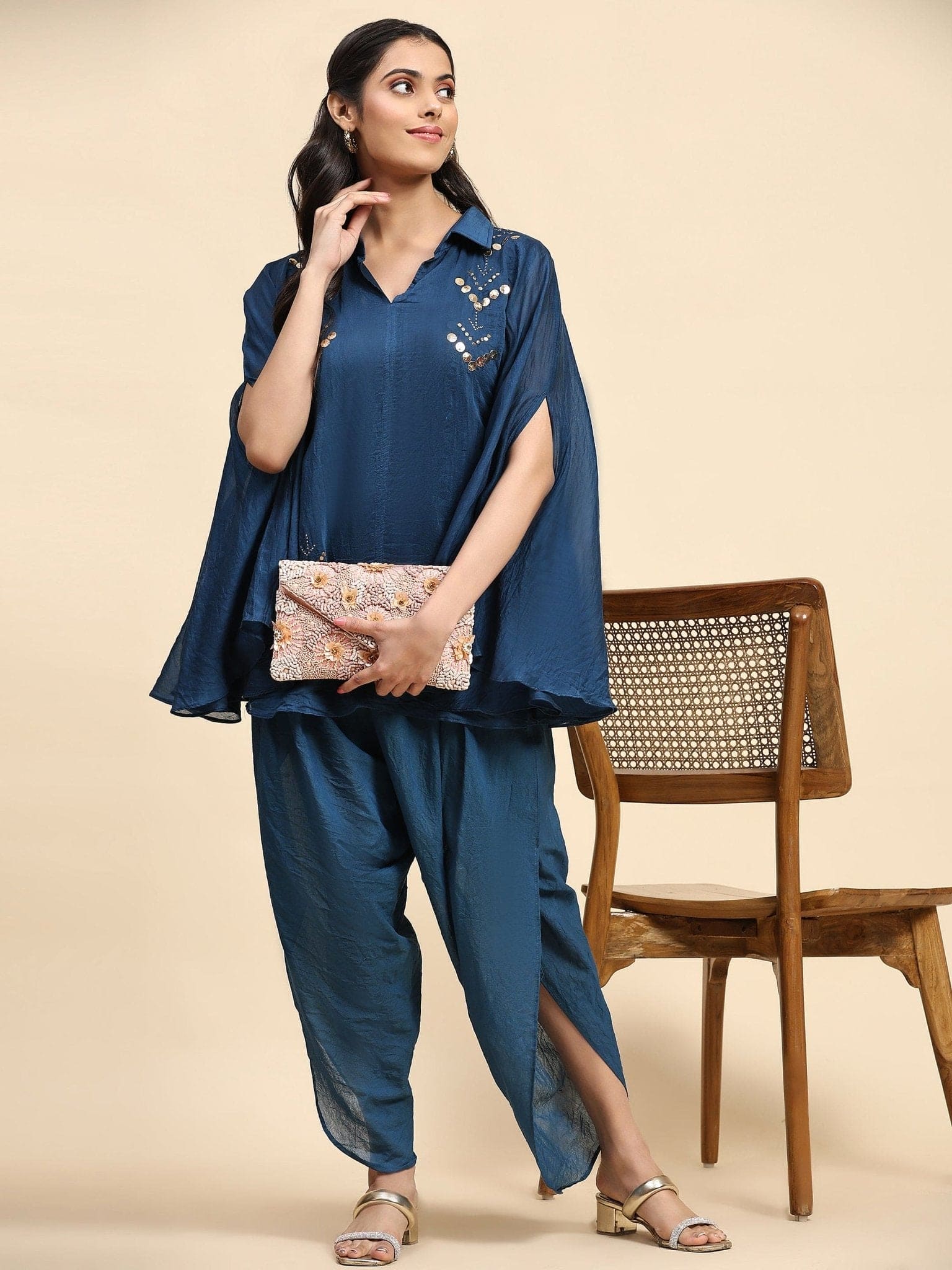 Women Flow Top With Tulip pant - Blue - Charkha TalesWomen Flow Top With Tulip pant - Blue