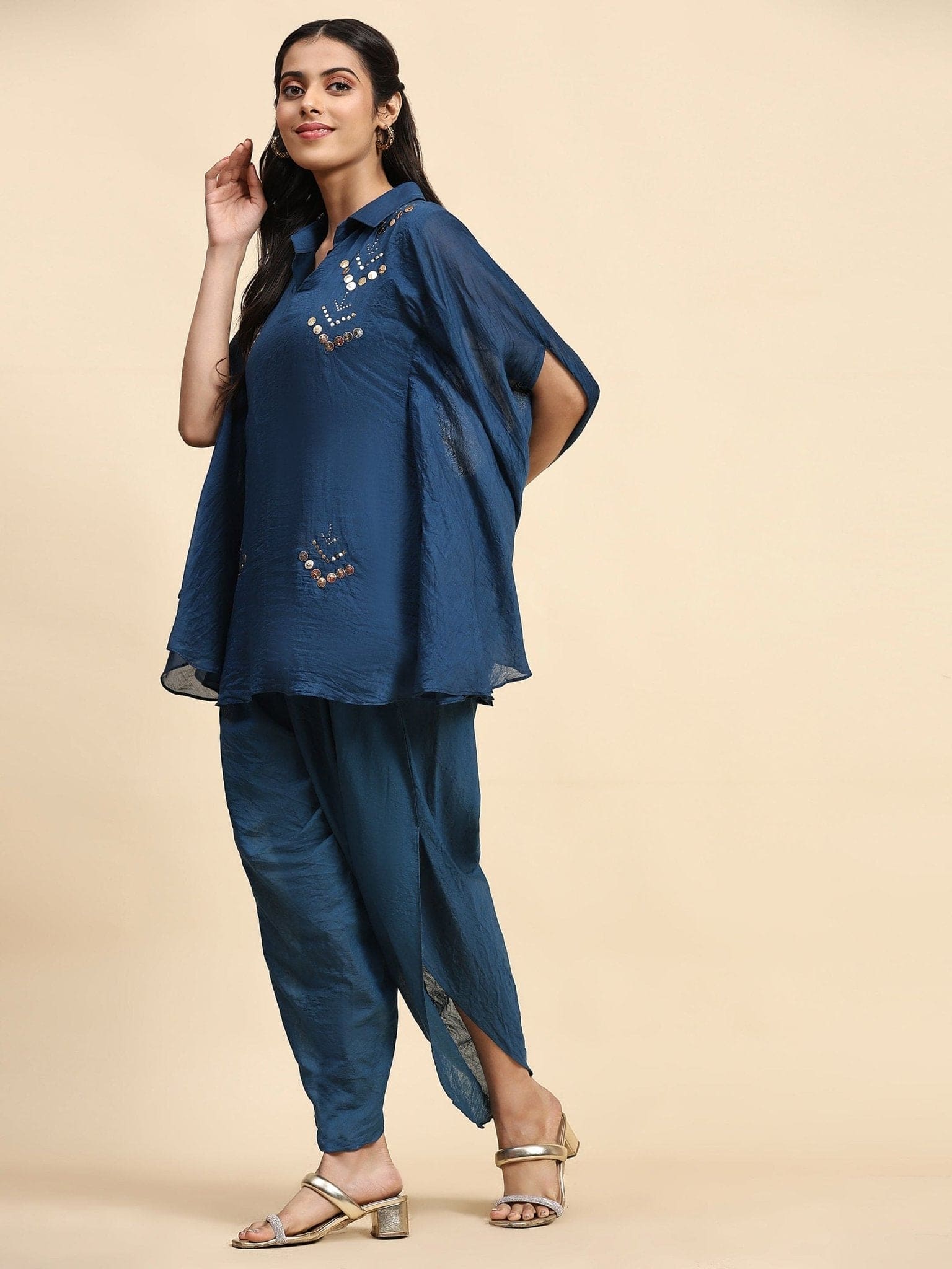 Women Flow Top With Tulip pant - Blue - Charkha TalesWomen Flow Top With Tulip pant - Blue