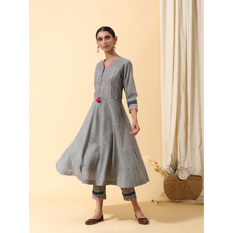 Women Gotta Anarkali Kurta Set - Grey - Charkha TalesWomen Gotta Anarkali Kurta Set - Grey