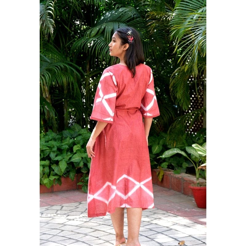 Women Hand Dyed Including Belt Dress - Red - Charkha TalesWomen Hand Dyed Including Belt Dress - Red