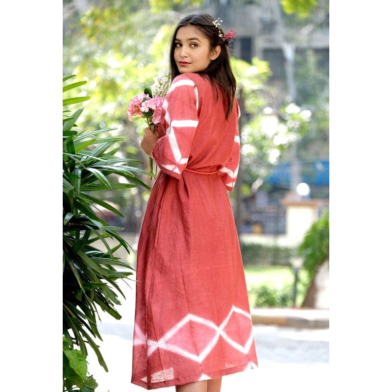 Women Hand Dyed Including Belt Dress - Red - Charkha TalesWomen Hand Dyed Including Belt Dress - Red