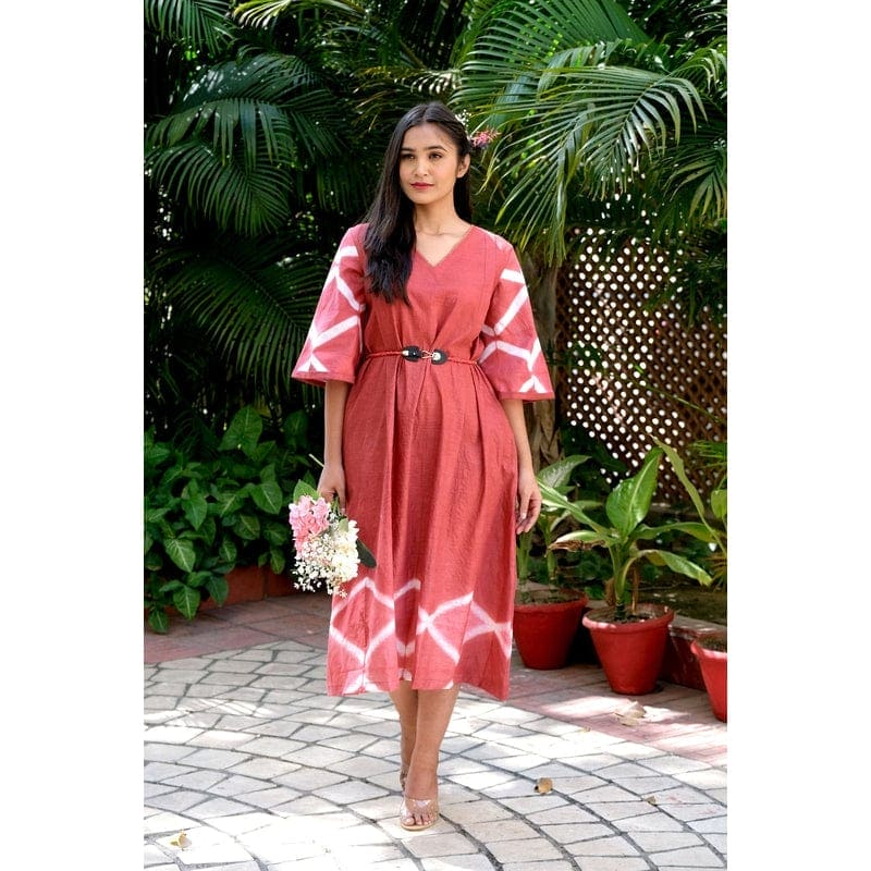 Women Hand Dyed Including Belt Dress - Red - Charkha TalesWomen Hand Dyed Including Belt Dress - Red