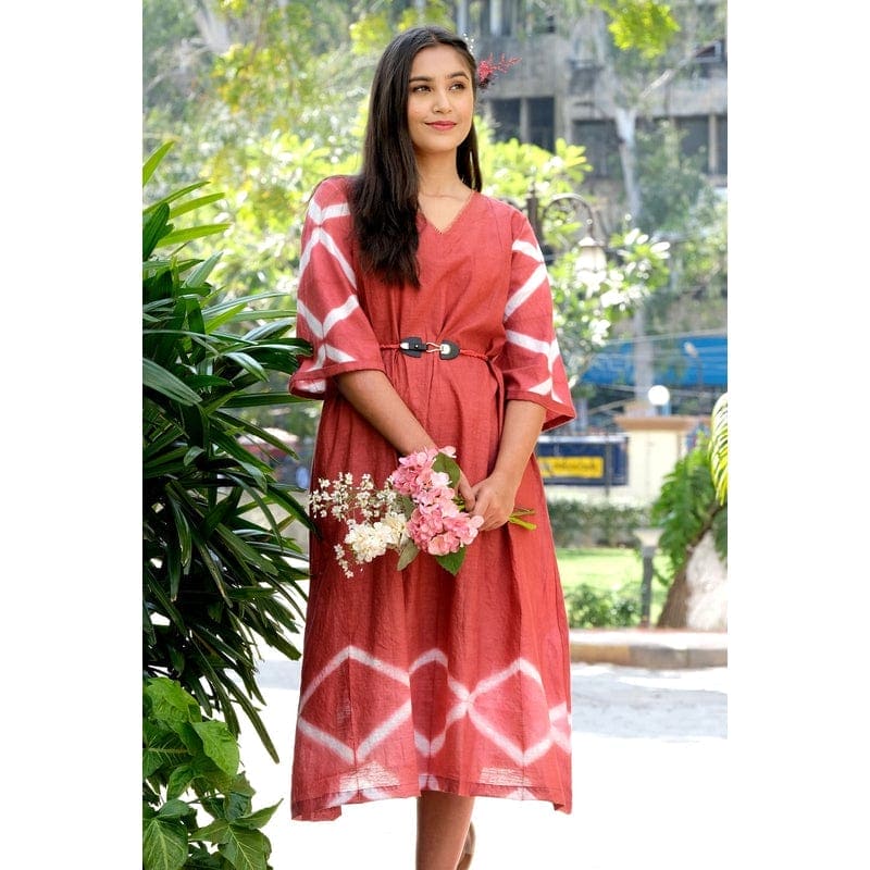 Women Hand Dyed Including Belt Dress - Red - Charkha TalesWomen Hand Dyed Including Belt Dress - Red