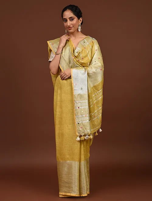 Women Handcrafet Yellow Linen Saree - Charkha TalesWomen Handcrafet Yellow Linen Saree