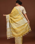 Women Handcrafet Yellow Linen Saree - Charkha TalesWomen Handcrafet Yellow Linen Saree