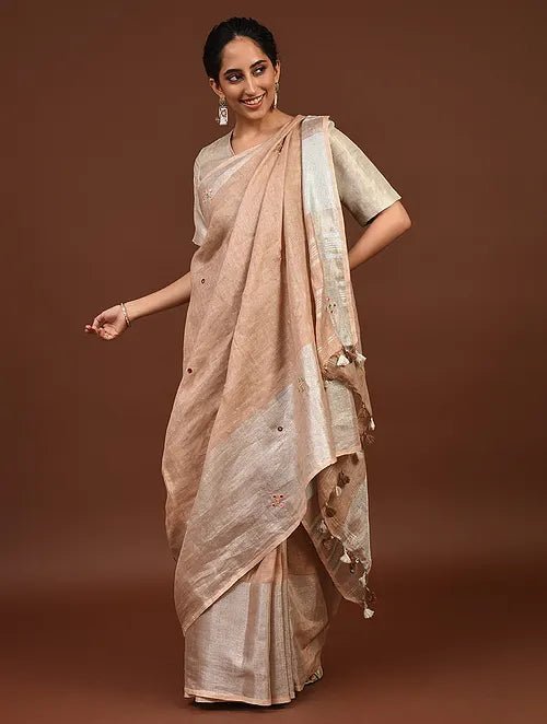 Women Handcrafted Linen Saree - Fawn - Charkha TalesWomen Handcrafted Linen Saree - Fawn