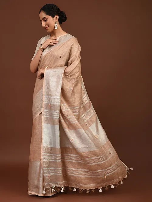 Women Handcrafted Linen Saree - Fawn - Charkha TalesWomen Handcrafted Linen Saree - Fawn