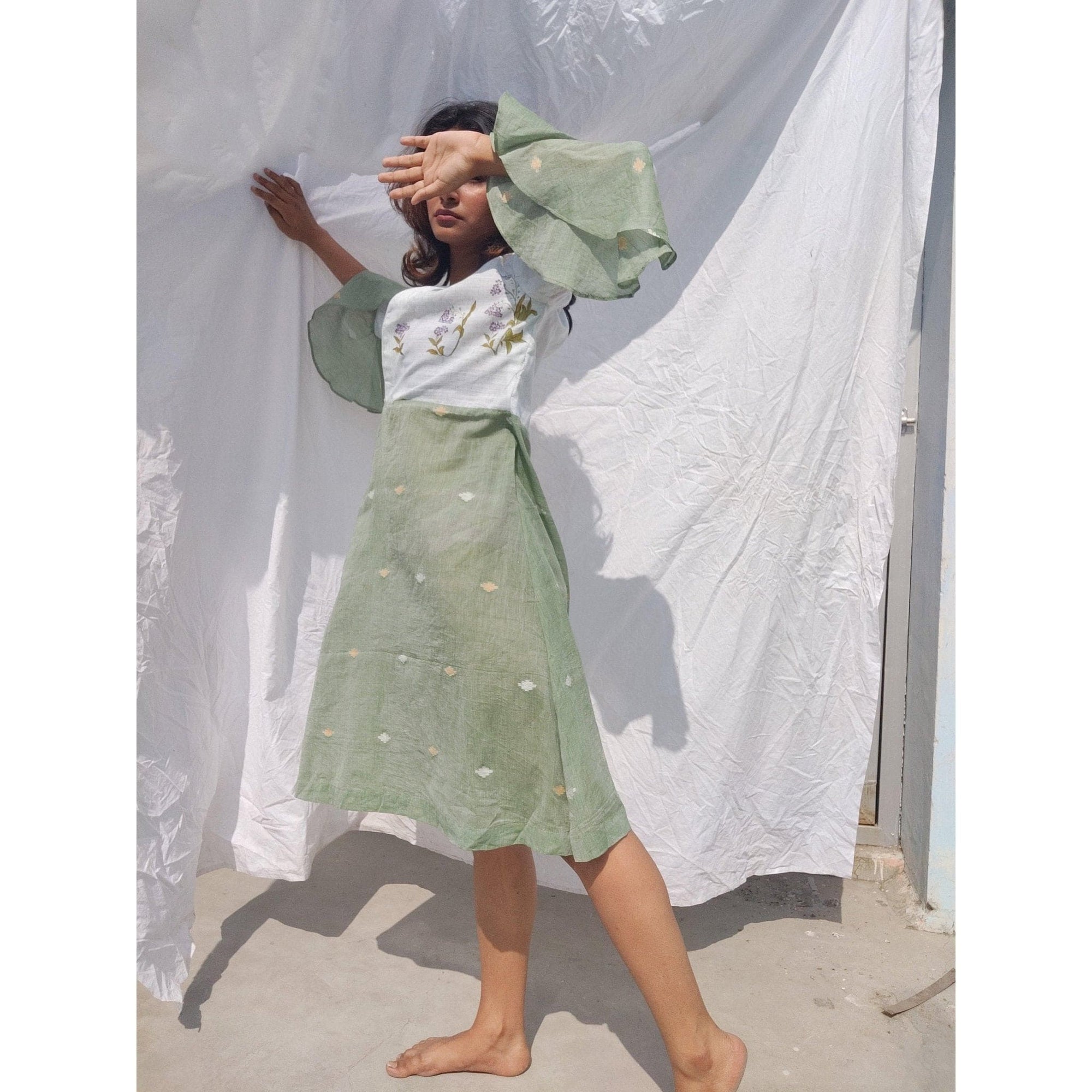 Women Handpaint Jamdani Dress - Green - Charkha TalesWomen Handpaint Jamdani Dress - Green