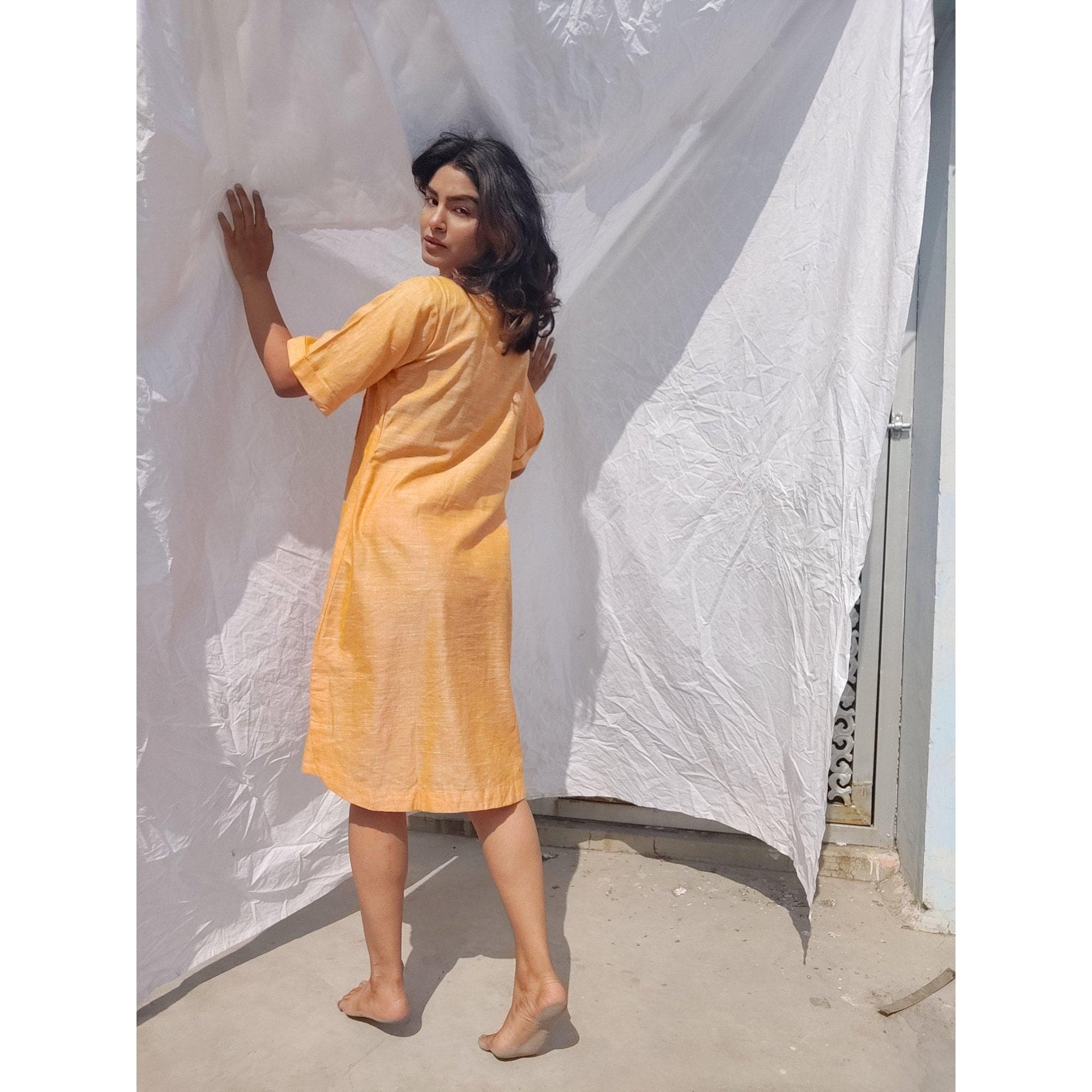 Women Handpainted Dress - Yellow - Charkha TalesWomen Handpainted Dress - Yellow