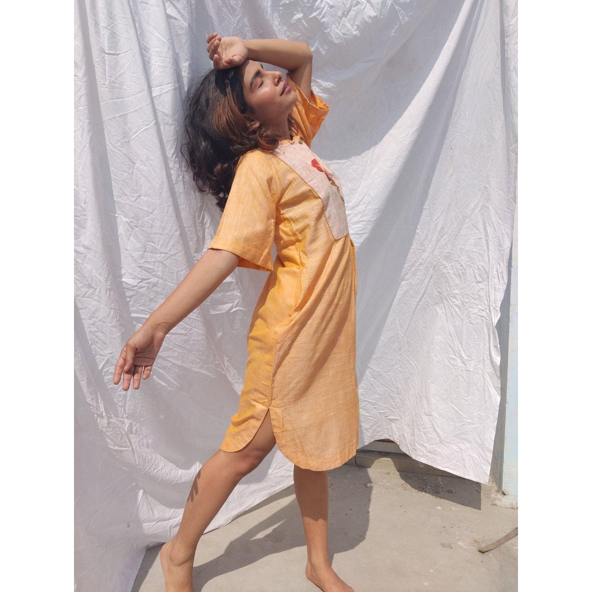 Women Handpainted Dress - Yellow - Charkha TalesWomen Handpainted Dress - Yellow