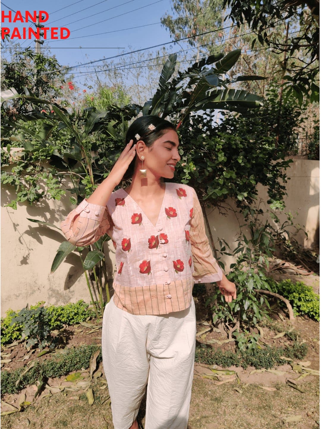 Women Handpainted Floral Top - Beige - Charkha TalesWomen Handpainted Floral Top - Beige