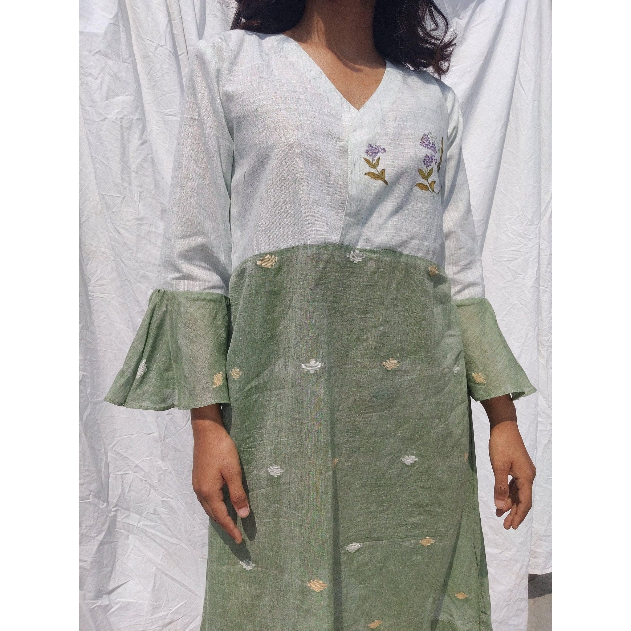 Women Handpainted Green Dress - Charkha TalesWomen Handpainted Green Dress