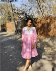 Women Handpainted Khadi Pink Dress - Charkha TalesWomen Handpainted Khadi Pink Dress