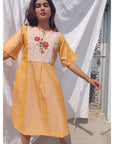 Women Handpainted Yellow Dress - Charkha TalesWomen Handpainted Yellow Dress