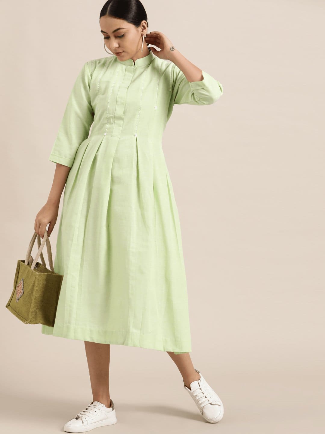 Women Handwoven Green Dress - Charkha TalesWomen Handwoven Green Dress