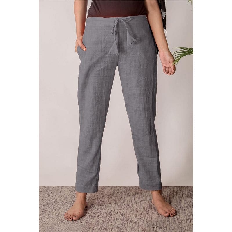 Women Khadi Grey Yoga Pants - Charkha TalesWomen Khadi Grey Yoga Pants