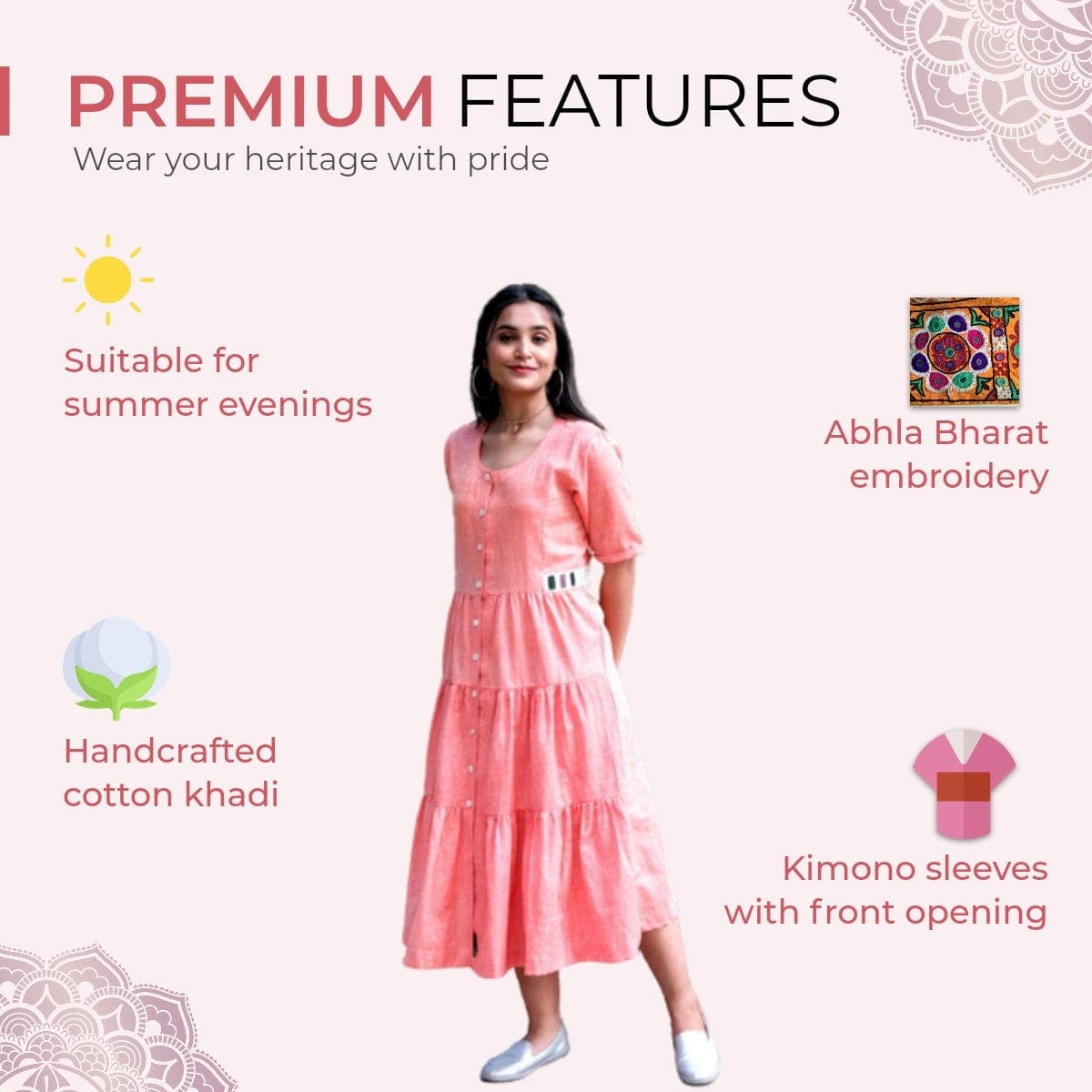 Women Kimono Dress - Peach - Charkha TalesWomen Kimono Dress - Peach