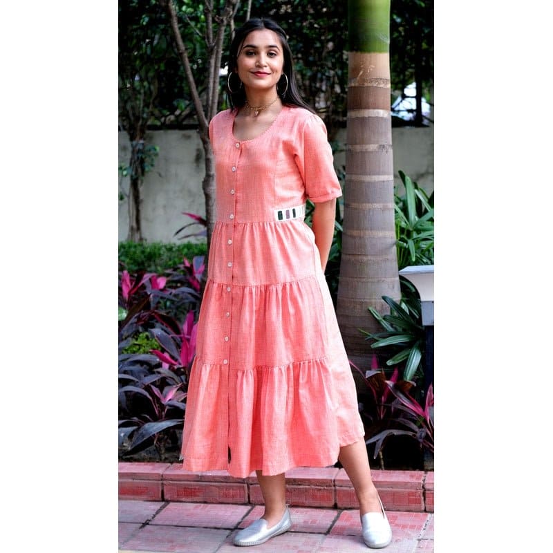 Women Kimono Dress - Peach - Charkha TalesWomen Kimono Dress - Peach