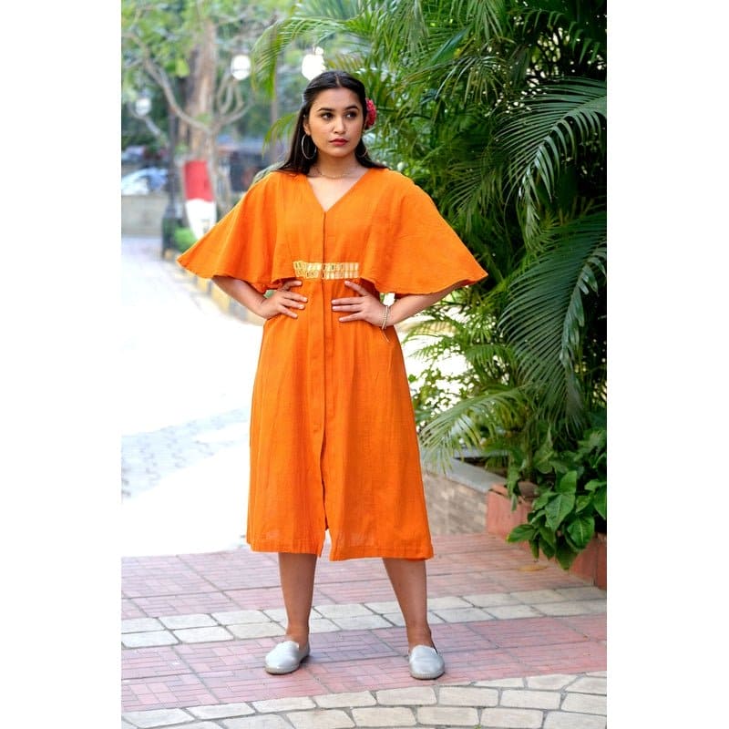 Women Kimono Mirror Dress - Orange - Charkha TalesWomen Kimono Mirror Dress - Orange