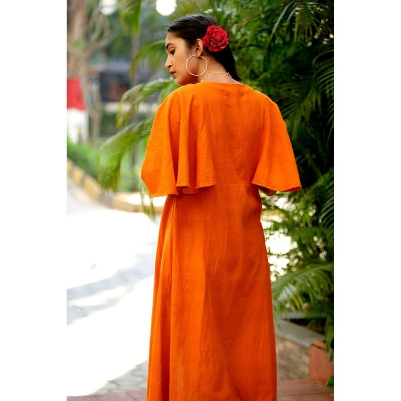 Women Kimono Mirror Dress - Orange - Charkha TalesWomen Kimono Mirror Dress - Orange