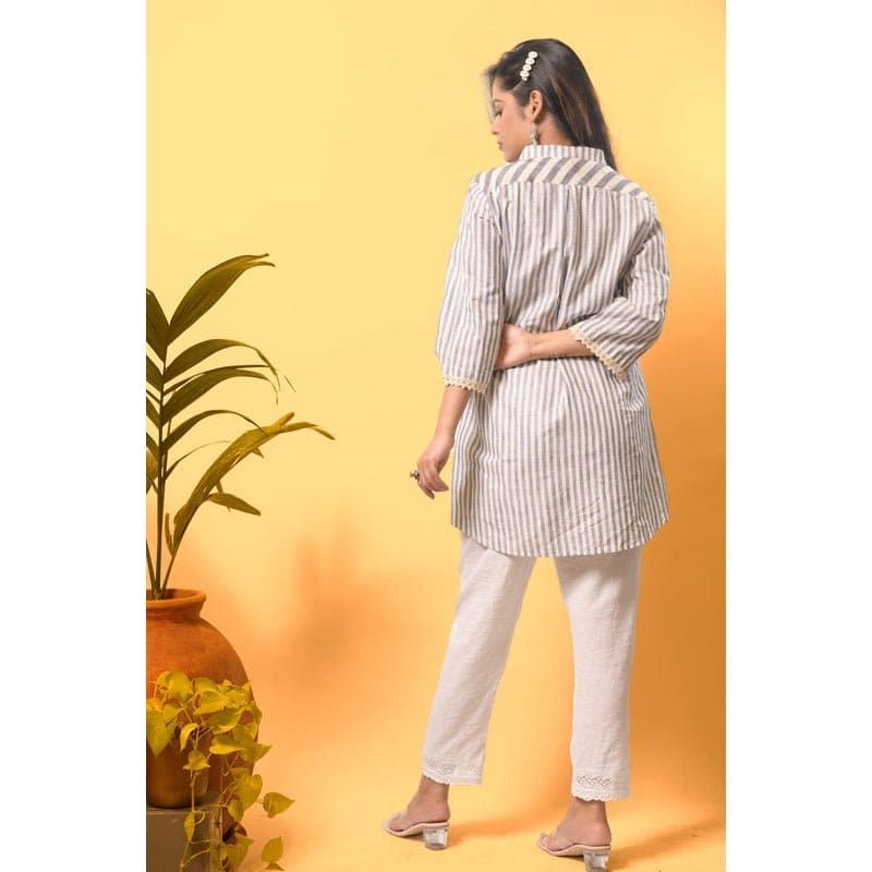 Women Linen Striped Top Set - Blue - Charkha TalesWomen Linen Striped Top Set - Blue