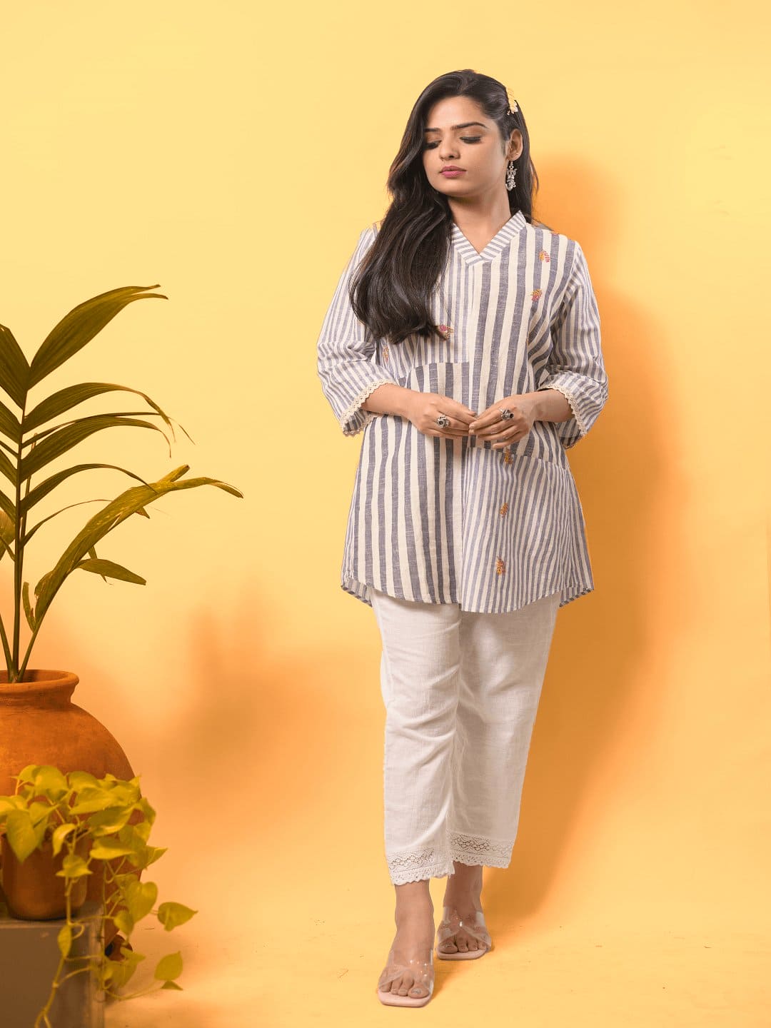 Women Linen Striped Top Set - Blue - Charkha TalesWomen Linen Striped Top Set - Blue