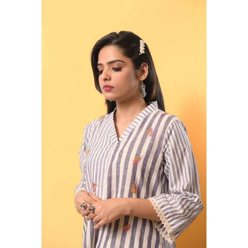 Women Linen Striped Top Set - Blue - Charkha TalesWomen Linen Striped Top Set - Blue