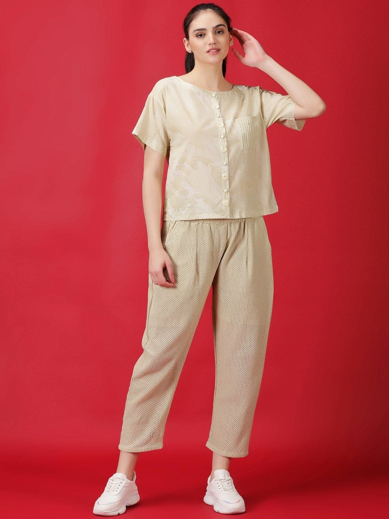 Women Marble Dye Athleisure Set - Beige - Charkha TalesWomen Marble Dye Athleisure Set - Beige