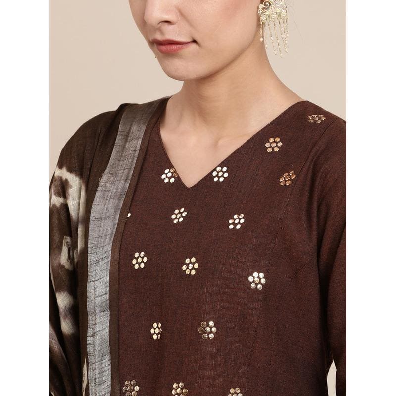 Women Mukaish Kurta Set - Dark Brown - Charkha TalesWomen Mukaish Kurta Set - Dark Brown