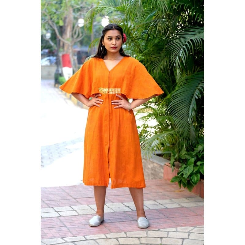 Women Orange Kimono Mirror Dress - Charkha TalesWomen Orange Kimono Mirror Dress