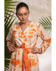 Women Orange Wrap Tie & Dye Dress - Charkha TalesWomen Orange Wrap Tie & Dye Dress