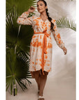 Women Orange Wrap Tie & Dye Dress - Charkha TalesWomen Orange Wrap Tie & Dye Dress