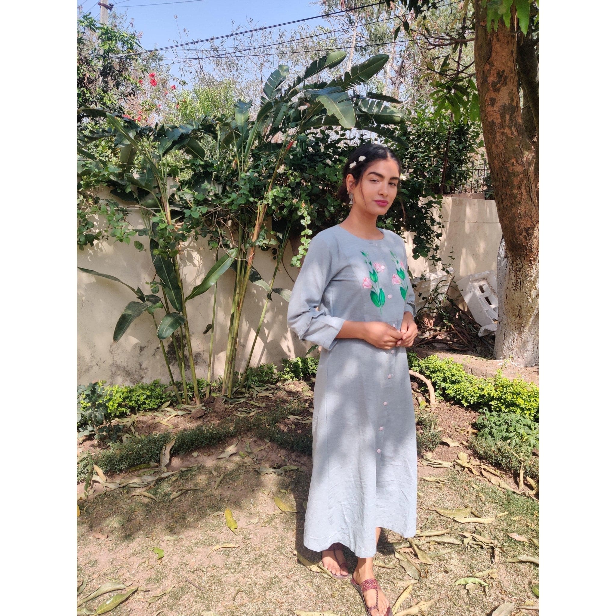 Women Painted Grey Khadi Dress - Charkha TalesWomen Painted Grey Khadi Dress