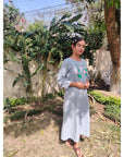 Women Painted Grey Khadi Dress - Charkha TalesWomen Painted Grey Khadi Dress