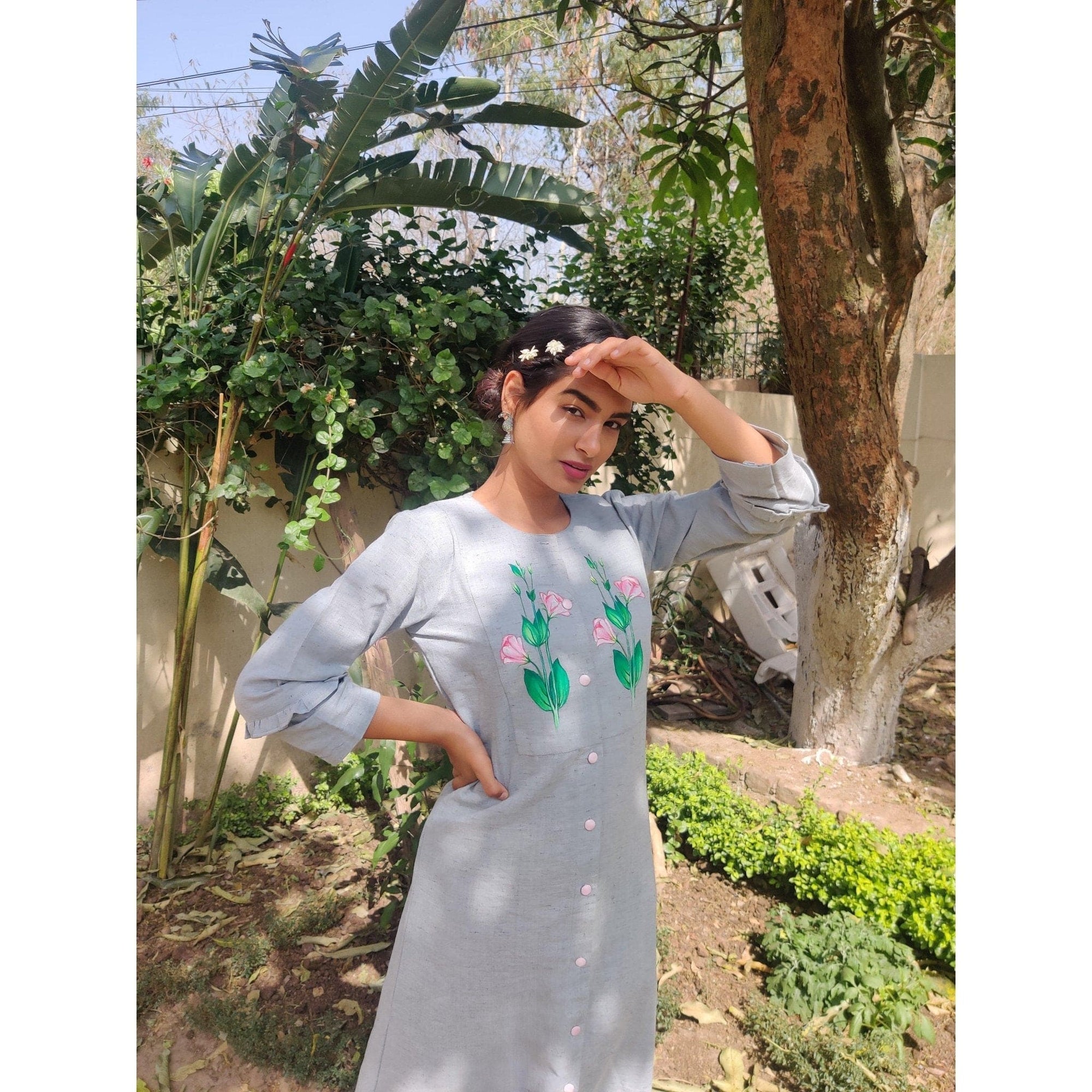 Women Painted Khadi Dress - Grey - Charkha TalesWomen Painted Khadi Dress - Grey