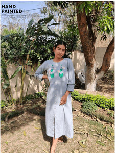 Women Painted Khadi Dress - Grey