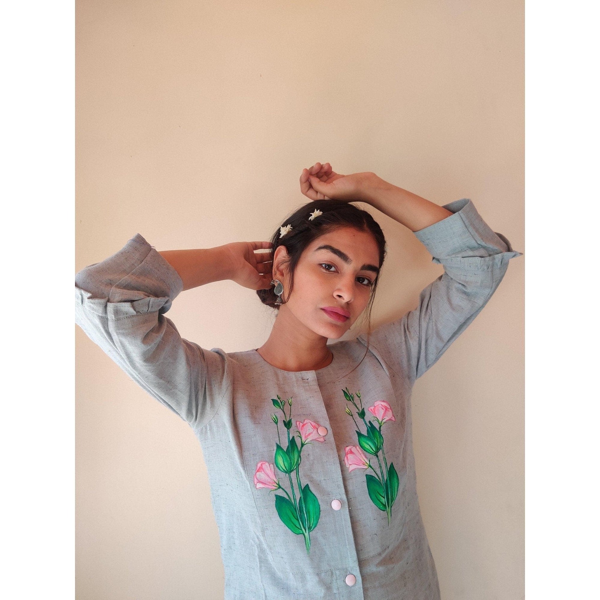 Women Painted Khadi Dress - Grey - Charkha TalesWomen Painted Khadi Dress - Grey