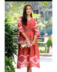 Women Red Hand Dyed Including Belt Dress - Charkha TalesWomen Red Hand Dyed Including Belt Dress
