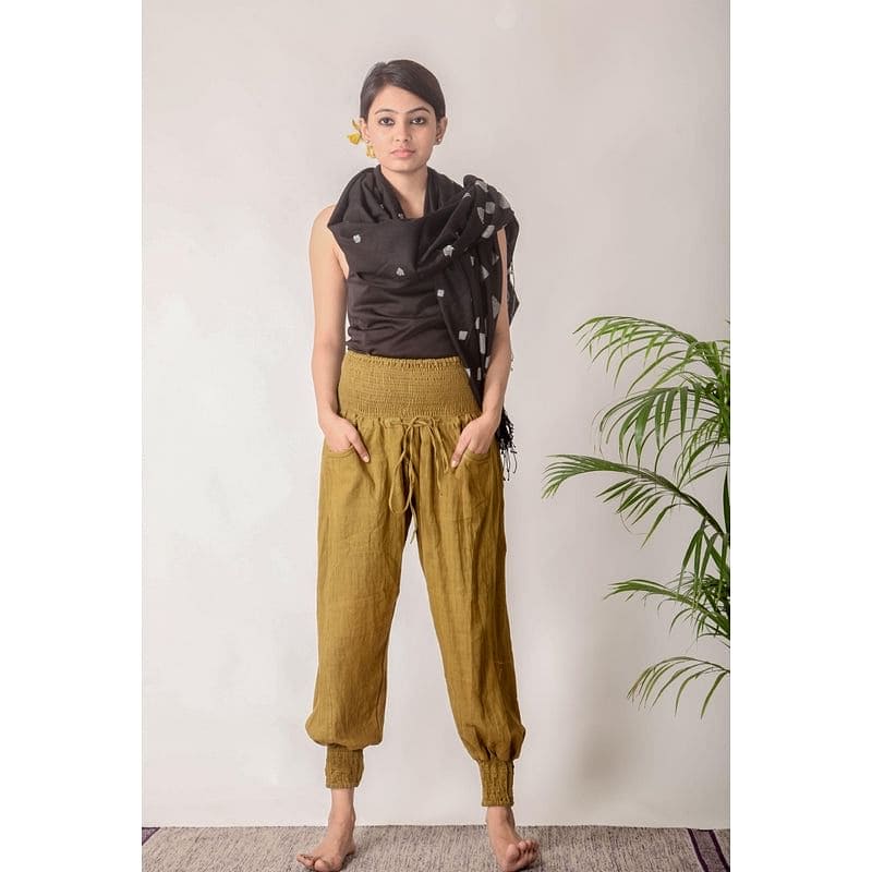 Women Satvik Yoga Pants - Olive Green - Charkha TalesWomen Satvik Yoga Pants - Olive Green