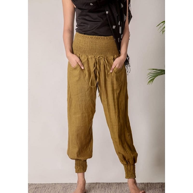 Women Satvik Yoga Pants - Olive Green - Charkha TalesWomen Satvik Yoga Pants - Olive Green