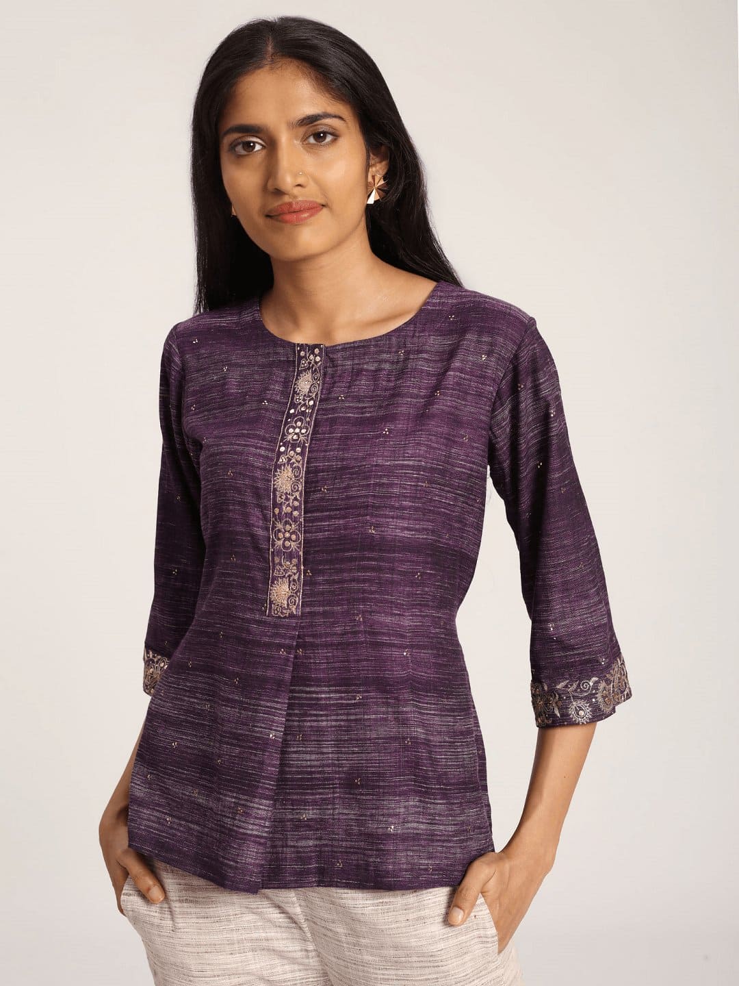 Women Shimmer Mukaish Top - Dark Purple - Charkha TalesWomen Shimmer Mukaish Top - Dark Purple