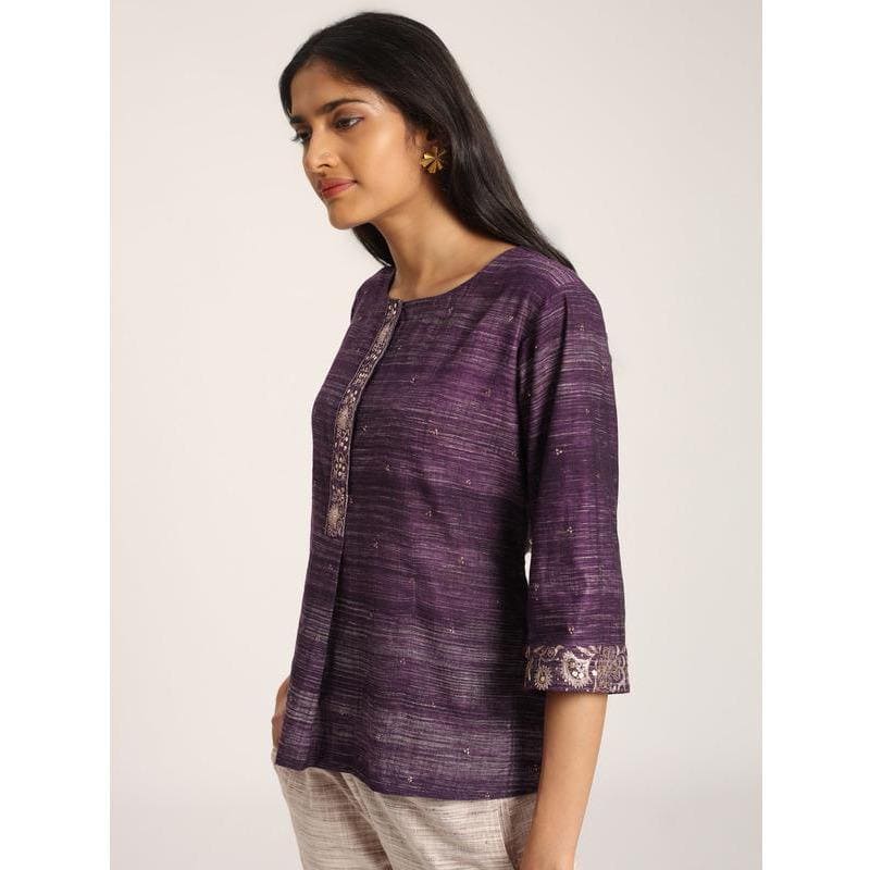 Women Shimmer Mukaish Top - Dark Purple - Charkha TalesWomen Shimmer Mukaish Top - Dark Purple