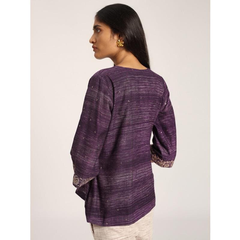 Women Shimmer Mukaish Top - Dark Purple - Charkha TalesWomen Shimmer Mukaish Top - Dark Purple