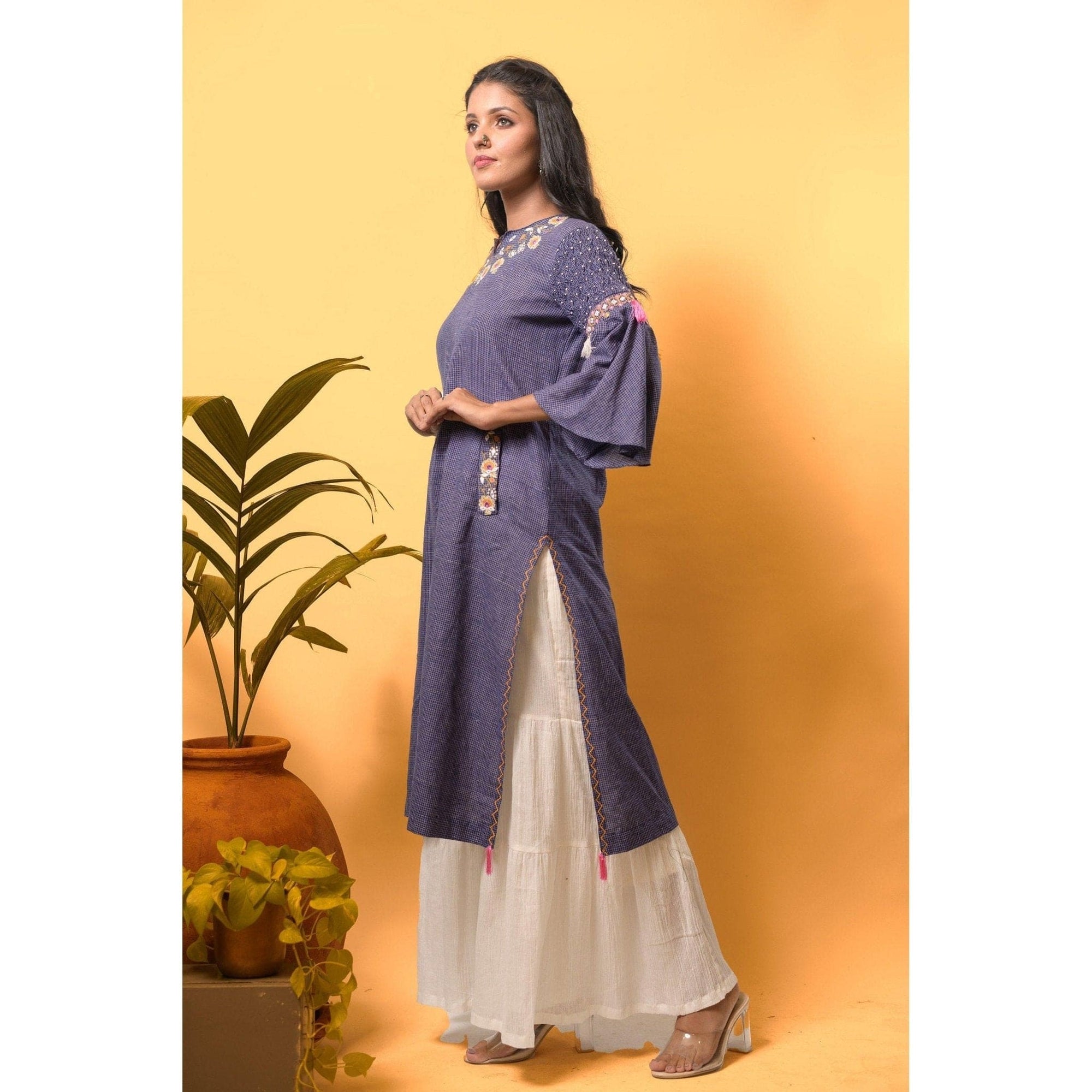 Women Soft Checks Kurta Set - Blue - Charkha TalesWomen Soft Checks Kurta Set - Blue