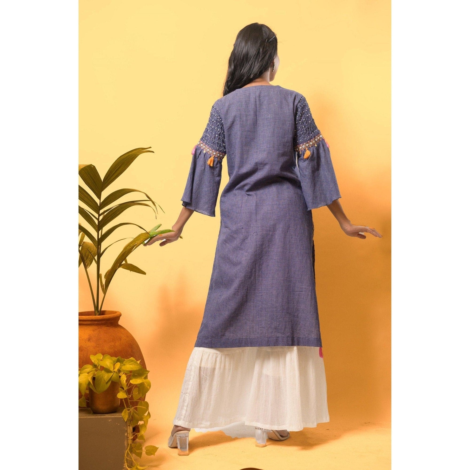 Women Soft Checks Kurta Set - Blue - Charkha TalesWomen Soft Checks Kurta Set - Blue