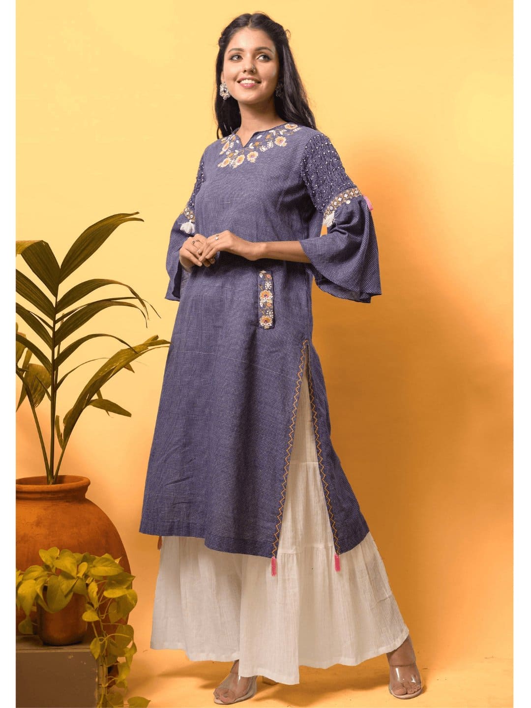 Women Soft Checks Kurta Set - Blue - Charkha TalesWomen Soft Checks Kurta Set - Blue
