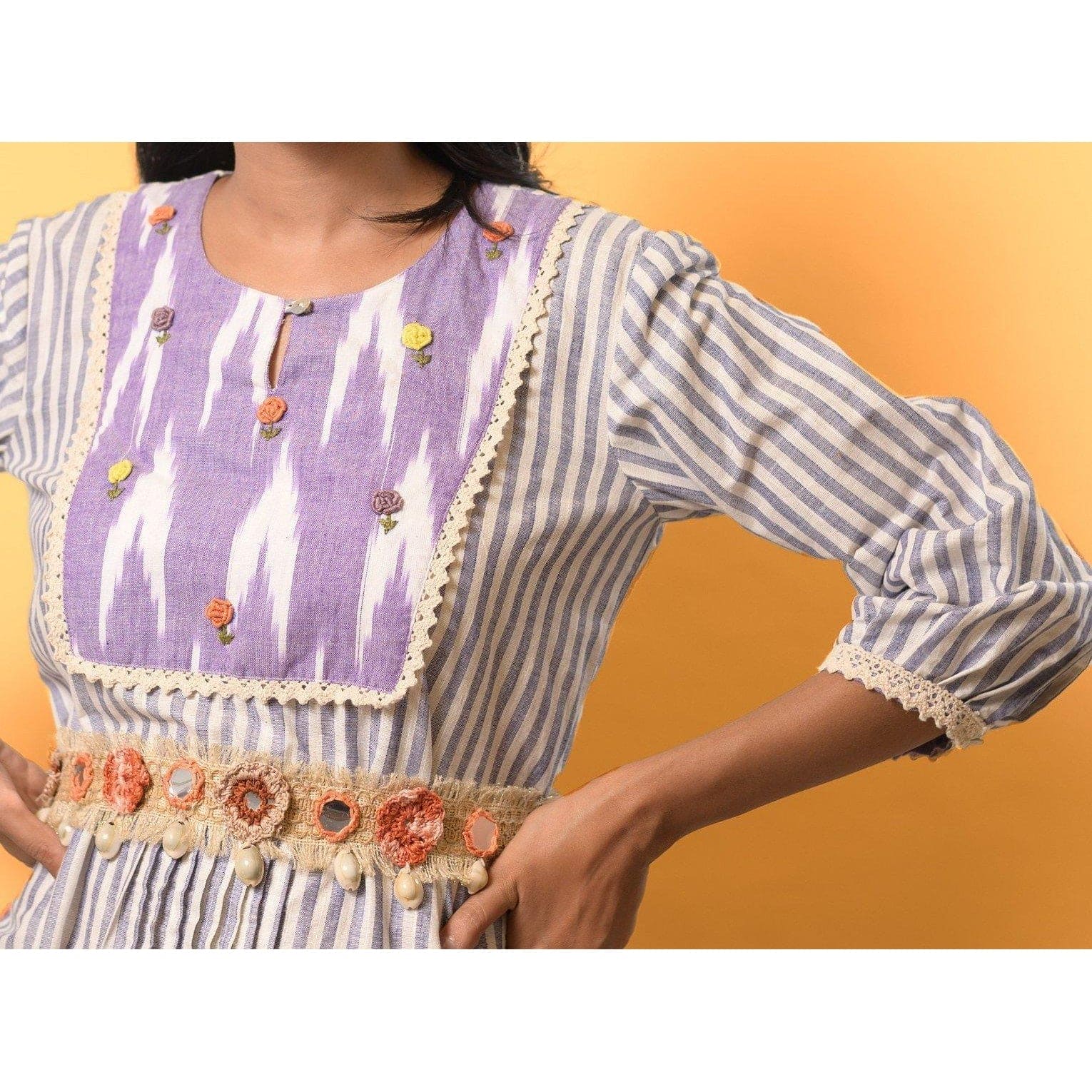 Women Striped Linen Dress - White - Charkha TalesWomen Striped Linen Dress - White