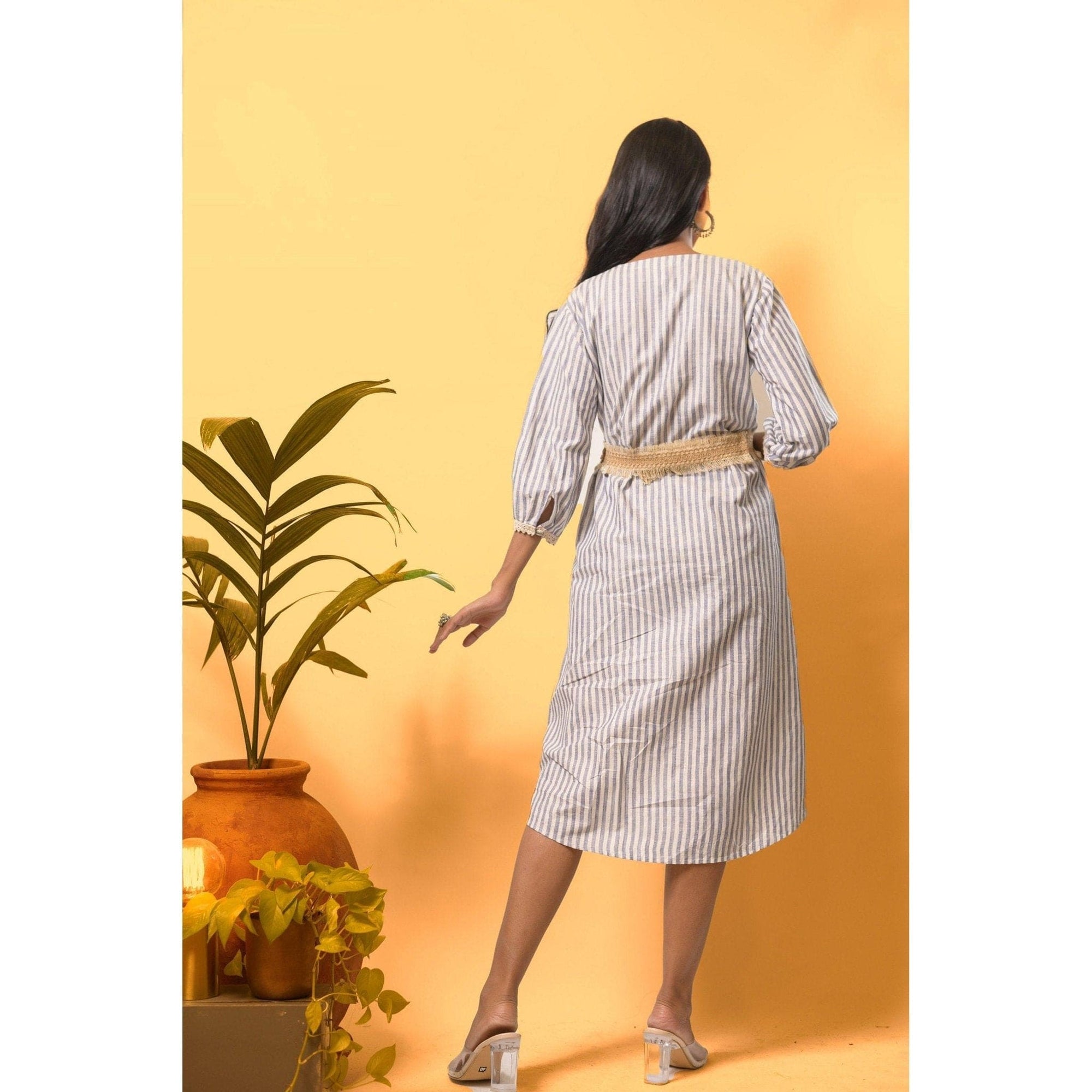 Women Striped Linen Dress - White - Charkha TalesWomen Striped Linen Dress - White