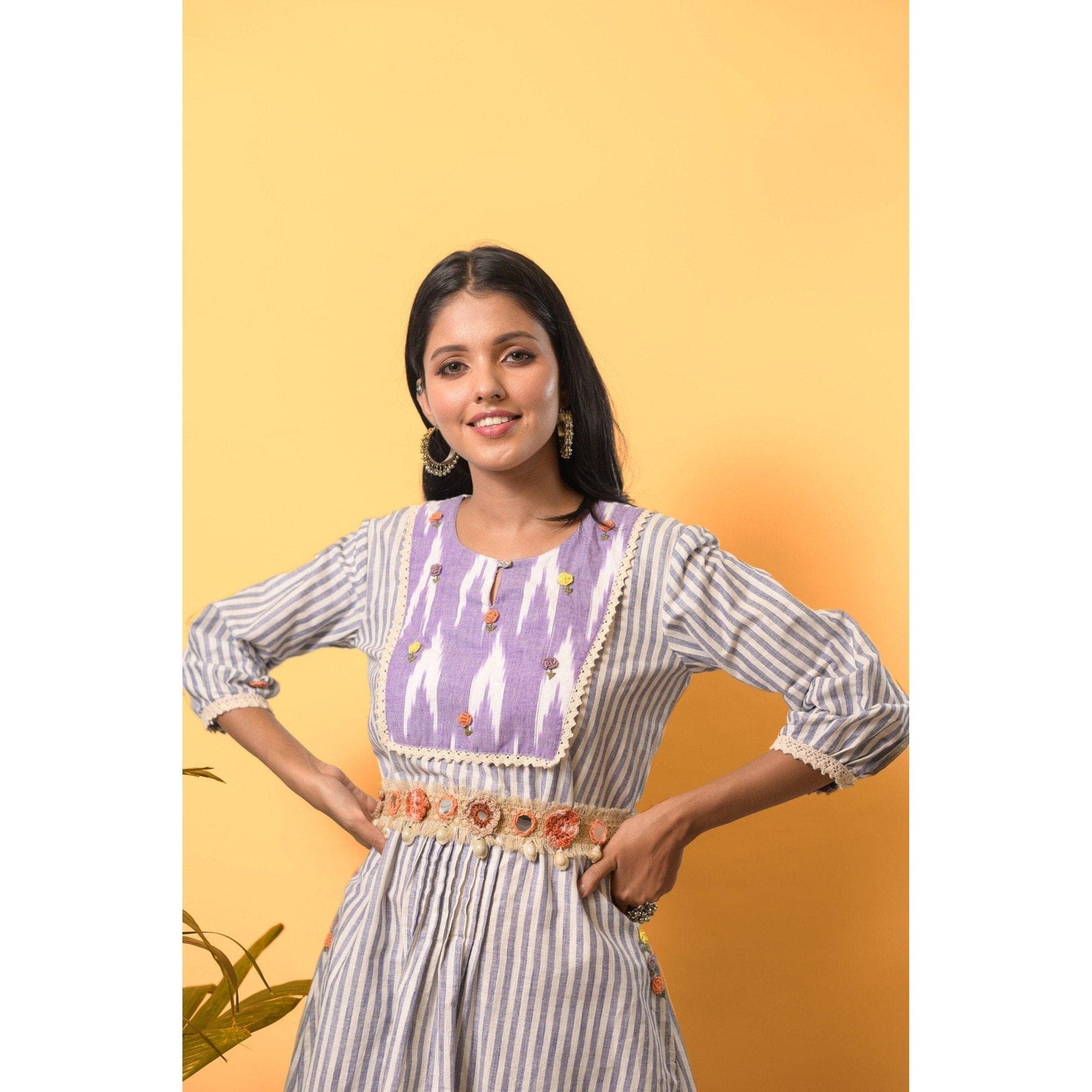 Women Striped Linen Dress - White - Charkha TalesWomen Striped Linen Dress - White